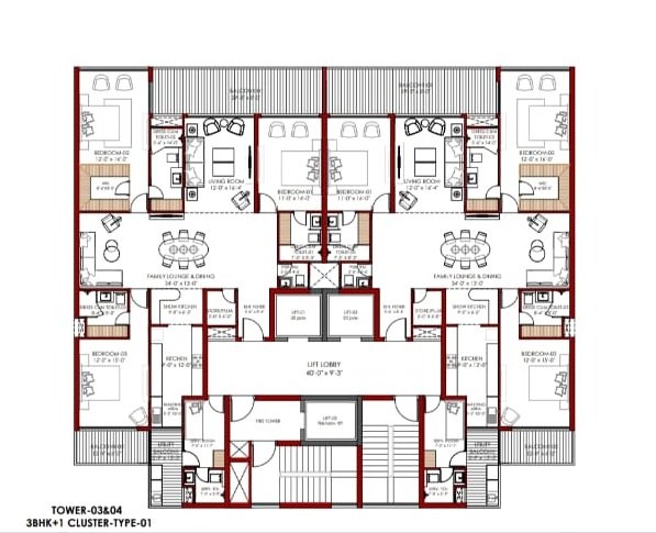DKG Aveda Arenium Mohali Tower-03 and 04 3BHK+1 cluster type-01 floor plan